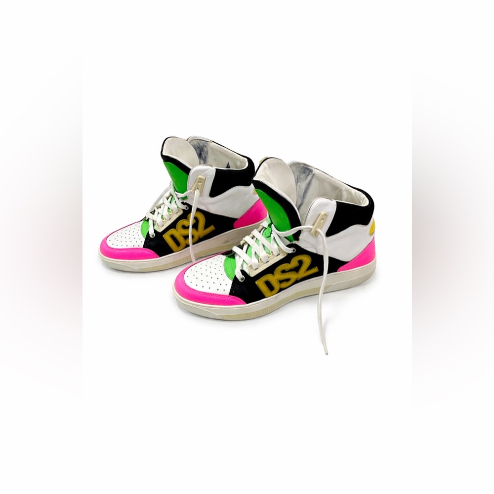 DSQUARED2 High Top Sneakers Men’s EU 42 US 9 Neon Pink Green Leather Shoes